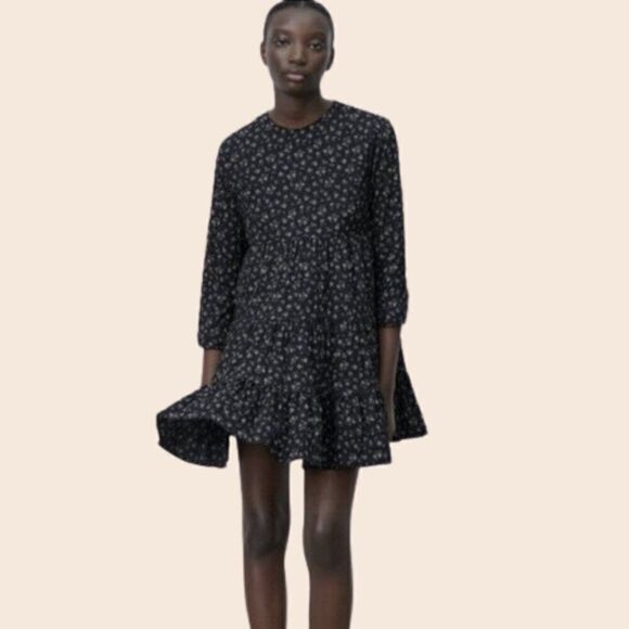 Zara "The Lisa" Black Floral Empire Waist Babydoll Mini Dress Size Extra Small - Picture 1 of 13
